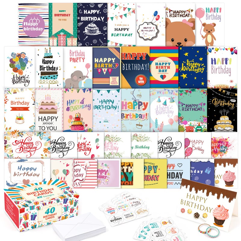 feela Birthday Cards Bulk, 40 Pack 40 Designs Happy Birthday Card Assortment Box with 40 Blank Envelopes 48 Pieces of Stickers 2 Washi Tapes, 4 X 6 Inches Greeting Cards For Girls Family Friends - Image 1